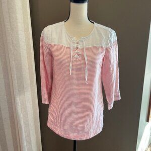 Tommy Bahama 100% Linen Stripe Colorblock Lace up Blouse Preppy Beachy